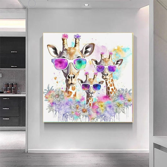 Sunny Family of Giraffes Colorful Art Print – Funny Animal Wall Decor