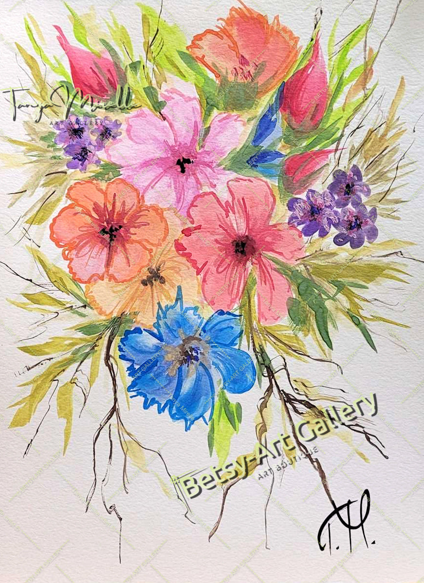 Original Watercolor Mallows Painting, Botanical Wall Art No Frame abstract expressionism art print birthday gift blooming garden art botanical print colorful painting floral art floral painting garden painting gift for mom mediterranean art modern art modern wall art nature painting paper painting small painting wall art home decor watercolor floral watercolor flowers watercolor landscape watercolor painting