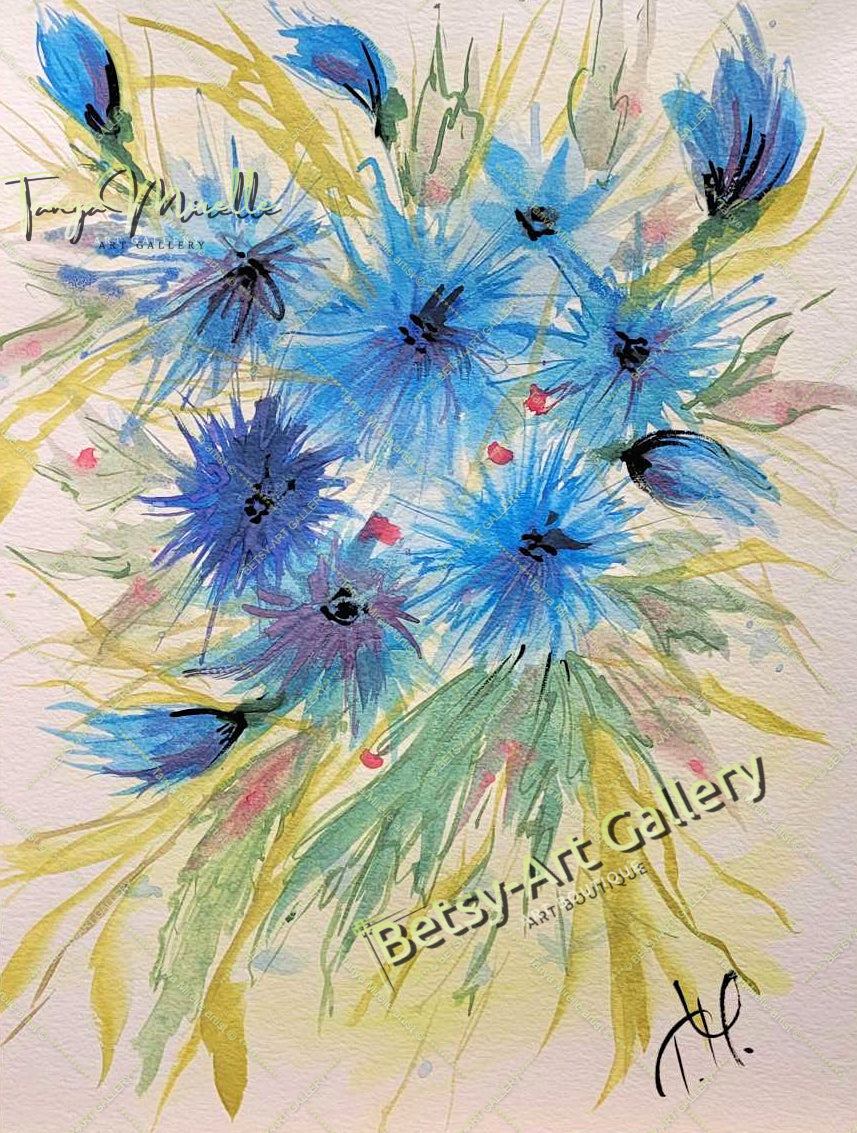 Original Watercolor Cornflowers Painting, Botanical Wall Art No Frame abstract expressionism art print birthday gift blooming garden art botanical print colorful painting floral art floral painting garden painting gift for mom mediterranean art modern art modern wall art nature painting paper painting small painting wall art home decor watercolor floral watercolor flowers watercolor landscape watercolor painting