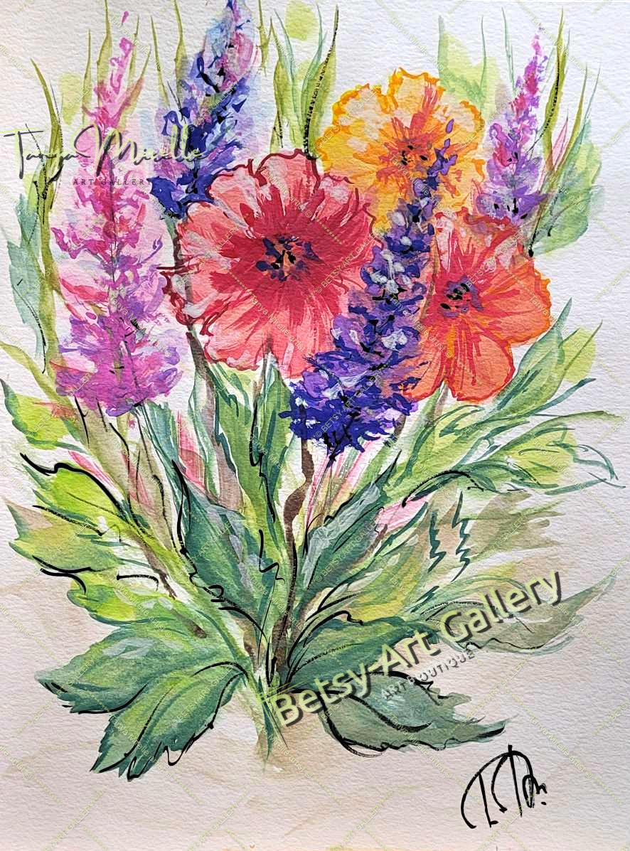 Watercolor Garden Flowers Painting, Botanical Wall Art No Frame abstract expressionism art print birthday gift blooming garden art botanical print colorful painting floral art floral painting garden painting gift for mom mediterranean art modern art modern wall art nature painting paper painting small painting wall art home decor watercolor floral watercolor flowers watercolor landscape watercolor painting