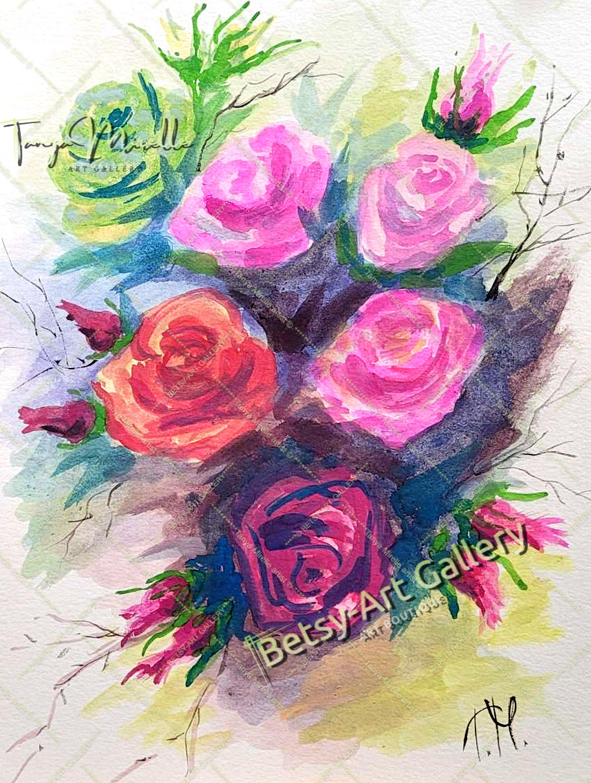 Original Watercolor Painting Garden Roses Wall Art, No Frame abstract expressionism art print birthday gift blooming garden art botanical print colorful painting floral art floral painting garden painting gift for mom mediterranean art modern art modern wall art nature painting olive garder art paper painting small painting wall art home decor watercolor floral watercolor flowers watercolor landscape watercolor painting