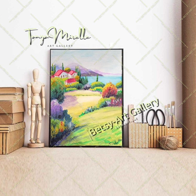 Vibrant Mediterranean Landscape Watercolor Painting, No Frame abstract expressionism art print birthday gift blooming garden art botanical print colorful painting floral art floral painting garden painting gift for mom mediterranean art modern art modern wall art nature painting paper painting small painting wall art home decor watercolor floral watercolor flowers watercolor landscape watercolor painting