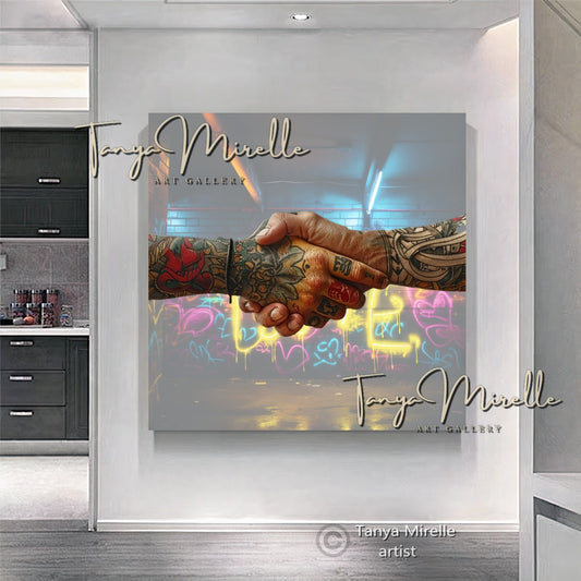 Tattooed Hands Handshake Art Print on Canvas #3