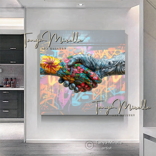 Tattooed Hands Handshake Art Print on Canvas #4