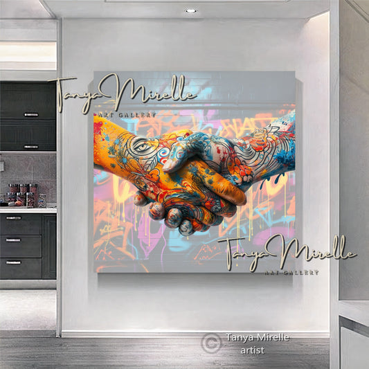 Tattooed Hands Handshake Art Print on Canvas #5