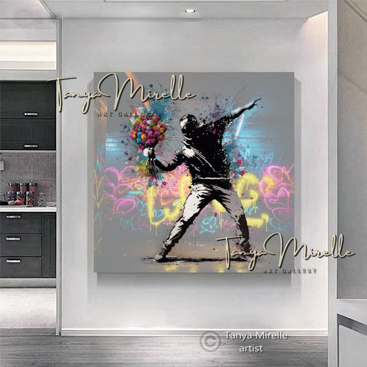 Banksy Man with Bouquet Graffiti Art Print on Canvas #2 D art gift Banksy art Banksy canvas canvas print canvas wall art contemporary art flower thrower giclée prints graffiti art print graffiti canvas graffiti canvas art graffiti print home decor large canvas print large wall art Large Wall Art Decor modern abstract art modern art print modern wall art pop art print print on canvas ready to hang canvas street art street art on canvas stretched canvas art urban decor wall art prints