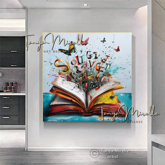 Open Book with Flying Letters Canvas Print #1