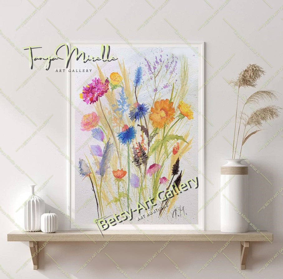 Watercolor Wildflowers Painting, Botanical Wall Art No Frame #3 abstract expressionism art print birthday gift blooming garden art botanical print colorful painting floral art floral painting garden painting gift for mom mediterranean art modern art modern wall art nature painting paper painting small painting wall art home decor watercolor floral watercolor flowers watercolor landscape watercolor painting wildflowers painting
