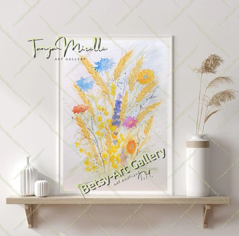 Watercolor Painting Ears of Wheat, Botanical Wall Art No Frame abstract expressionism art print birthday gift blooming garden art botanical print colorful painting floral art floral painting garden painting gift for mom mediterranean art modern art modern wall art nature painting paper painting small painting wall art home decor watercolor floral watercolor flowers watercolor landscape watercolor painting wildflowers painting