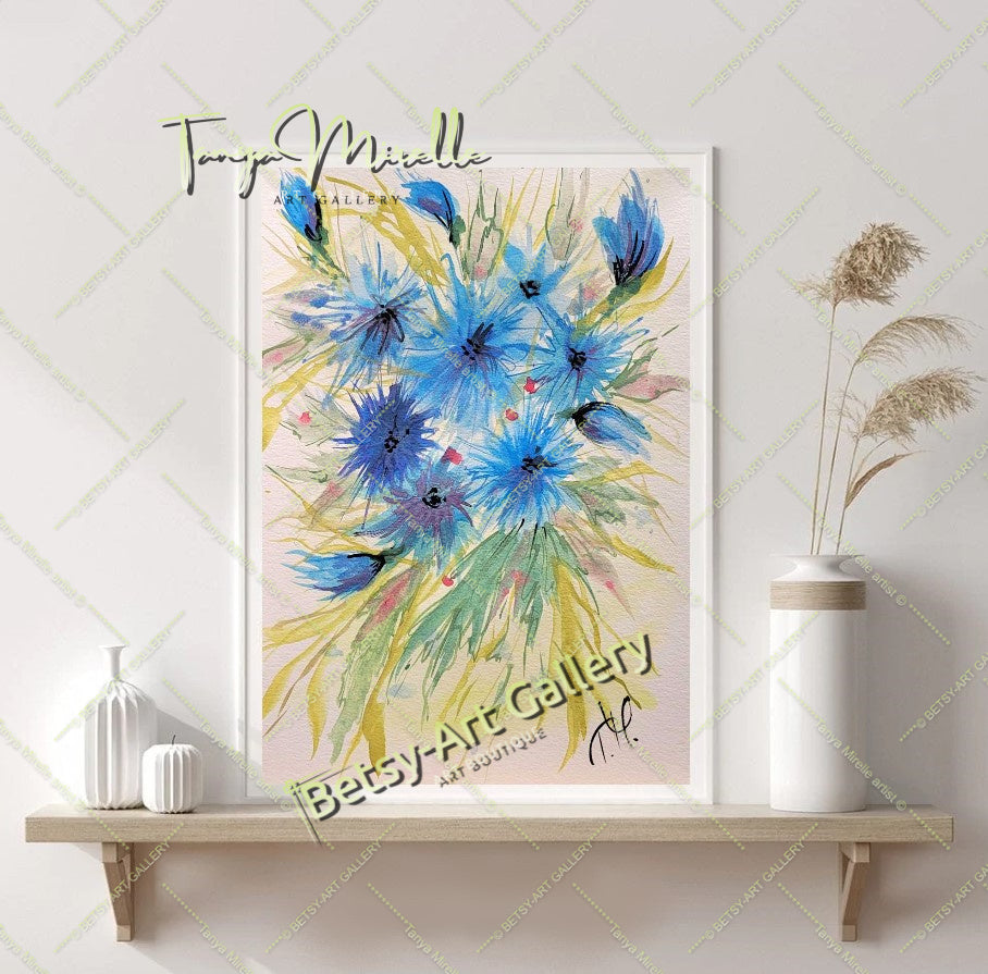 Original Watercolor Cornflowers Painting, Botanical Wall Art No Frame abstract expressionism art print birthday gift blooming garden art botanical print colorful painting floral art floral painting garden painting gift for mom mediterranean art modern art modern wall art nature painting paper painting small painting wall art home decor watercolor floral watercolor flowers watercolor landscape watercolor painting