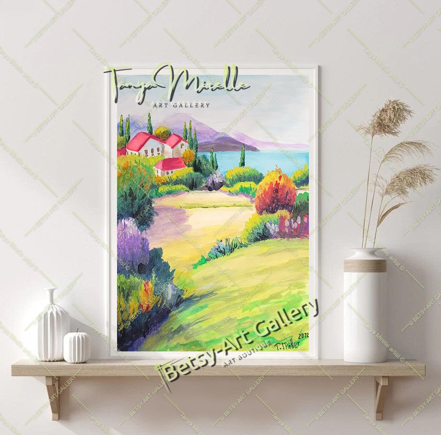 Vibrant Mediterranean Landscape Watercolor Painting, No Frame abstract expressionism art print birthday gift blooming garden art botanical print colorful painting floral art floral painting garden painting gift for mom mediterranean art modern art modern wall art nature painting paper painting small painting wall art home decor watercolor floral watercolor flowers watercolor landscape watercolor painting