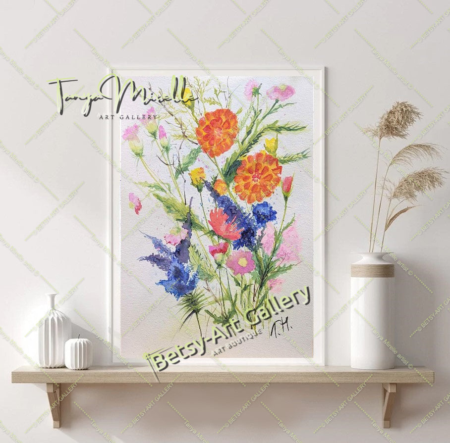 Watercolor Painting Flowers of Mediterranean, Botanical Wall Art No Frame abstract expressionism art print birthday gift blooming garden art botanical print colorful painting floral art floral painting garden painting gift for mom mediterranean art modern art modern wall art nature painting paper painting small painting wall art home decor watercolor floral watercolor flowers watercolor landscape watercolor painting wildflowers painting