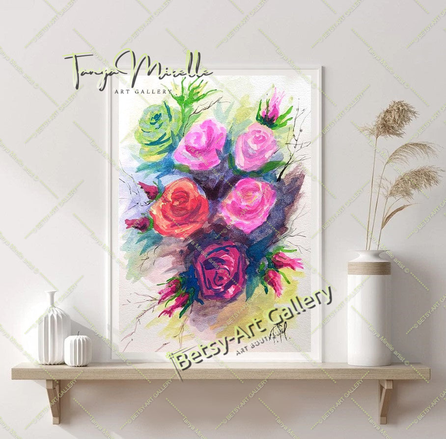 Original Watercolor Painting Garden Roses Wall Art, No Frame abstract expressionism art print birthday gift blooming garden art botanical print colorful painting floral art floral painting garden painting gift for mom mediterranean art modern art modern wall art nature painting olive garder art paper painting small painting wall art home decor watercolor floral watercolor flowers watercolor landscape watercolor painting