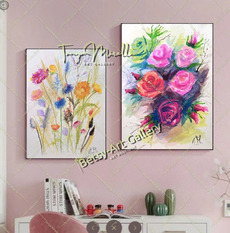 Original Watercolor Painting Garden Roses Wall Art, No Frame abstract expressionism art print birthday gift blooming garden art botanical print colorful painting floral art floral painting garden painting gift for mom mediterranean art modern art modern wall art nature painting olive garder art paper painting small painting wall art home decor watercolor floral watercolor flowers watercolor landscape watercolor painting
