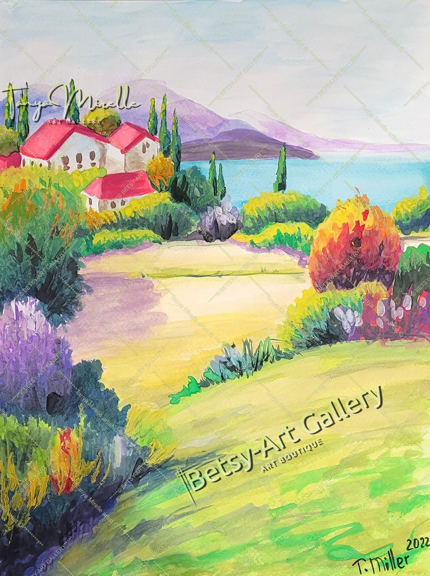 Vibrant Mediterranean Landscape Watercolor Painting, No Frame abstract expressionism art print birthday gift blooming garden art botanical print colorful painting floral art floral painting garden painting gift for mom mediterranean art modern art modern wall art nature painting paper painting small painting wall art home decor watercolor floral watercolor flowers watercolor landscape watercolor painting