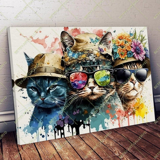 Floral Portrait Family Cats Canvas Print - Modern Colorful Wall Decor