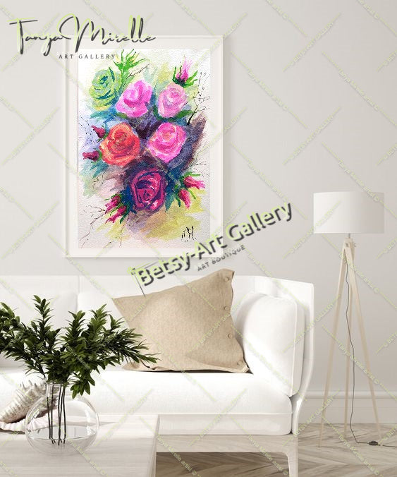 Original Watercolor Painting Garden Roses Wall Art, No Frame abstract expressionism art print birthday gift blooming garden art botanical print colorful painting floral art floral painting garden painting gift for mom mediterranean art modern art modern wall art nature painting olive garder art paper painting small painting wall art home decor watercolor floral watercolor flowers watercolor landscape watercolor painting