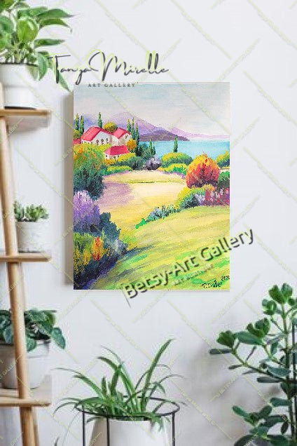 Vibrant Mediterranean Landscape Watercolor Painting, No Frame abstract expressionism art print birthday gift blooming garden art botanical print colorful painting floral art floral painting garden painting gift for mom mediterranean art modern art modern wall art nature painting paper painting small painting wall art home decor watercolor floral watercolor flowers watercolor landscape watercolor painting