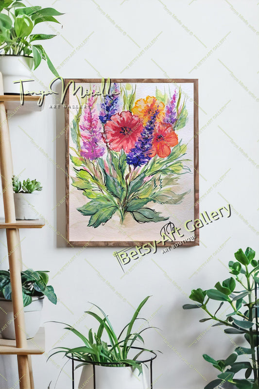 Watercolor Garden Flowers Painting, Botanical Wall Art No Frame abstract expressionism art print birthday gift blooming garden art botanical print colorful painting floral art floral painting garden painting gift for mom mediterranean art modern art modern wall art nature painting paper painting small painting wall art home decor watercolor floral watercolor flowers watercolor landscape watercolor painting