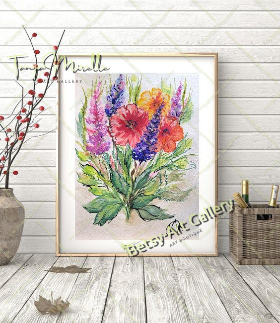 Watercolor Garden Flowers Painting, Botanical Wall Art No Frame abstract expressionism art print birthday gift blooming garden art botanical print colorful painting floral art floral painting garden painting gift for mom mediterranean art modern art modern wall art nature painting paper painting small painting wall art home decor watercolor floral watercolor flowers watercolor landscape watercolor painting
