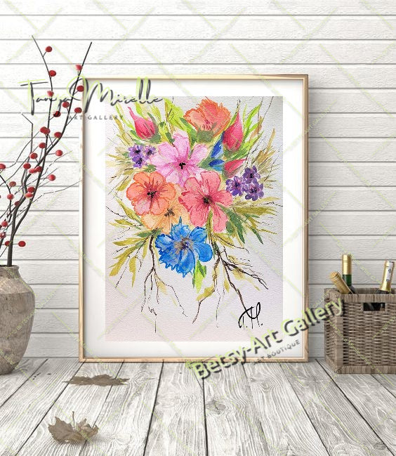 Original Watercolor Mallows Painting, Botanical Wall Art No Frame abstract expressionism art print birthday gift blooming garden art botanical print colorful painting floral art floral painting garden painting gift for mom mediterranean art modern art modern wall art nature painting paper painting small painting wall art home decor watercolor floral watercolor flowers watercolor landscape watercolor painting