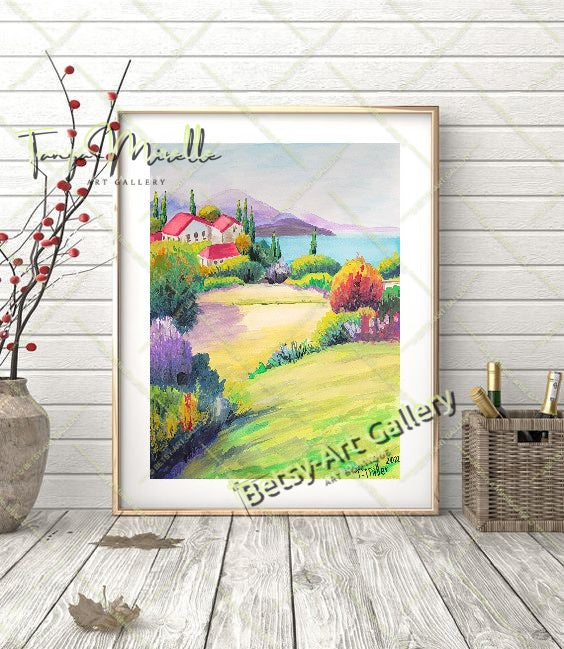 Vibrant Mediterranean Landscape Watercolor Painting, No Frame abstract expressionism art print birthday gift blooming garden art botanical print colorful painting floral art floral painting garden painting gift for mom mediterranean art modern art modern wall art nature painting paper painting small painting wall art home decor watercolor floral watercolor flowers watercolor landscape watercolor painting