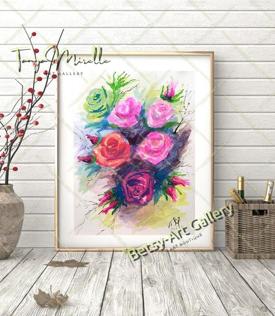 Original Watercolor Painting Garden Roses Wall Art, No Frame abstract expressionism art print birthday gift blooming garden art botanical print colorful painting floral art floral painting garden painting gift for mom mediterranean art modern art modern wall art nature painting olive garder art paper painting small painting wall art home decor watercolor floral watercolor flowers watercolor landscape watercolor painting