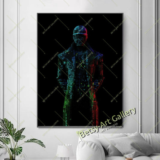 Glitch Effect Portrait Print on Canvas - Neon Pixel Wall Decor