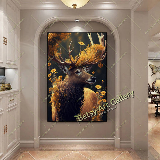 Green Deer Canvas Print, Forest Animal Wall Art