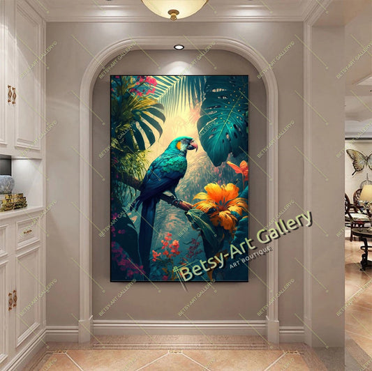 Jungle Exotic Birds Canvas Print, Tropical Parrots Wall Art