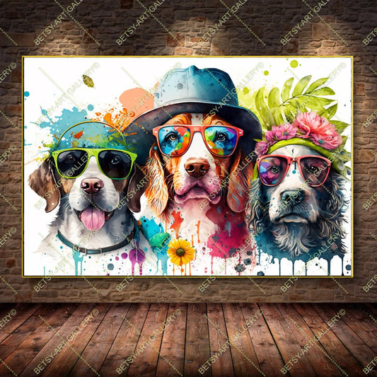 Floral Portrait Family Dogs - Colorful Canvas Print, Boho Wall Decor