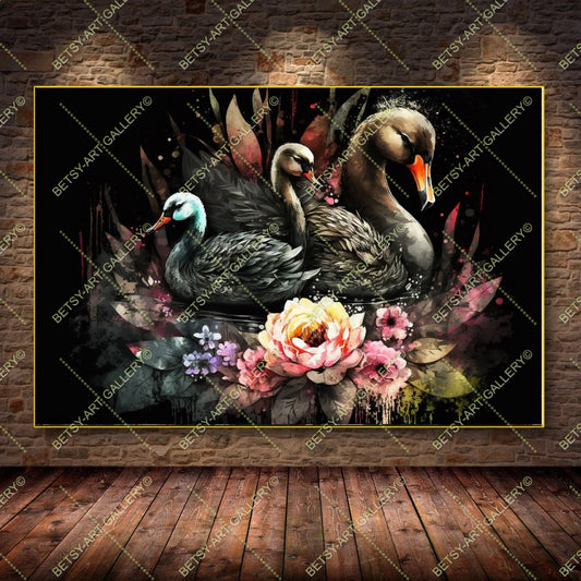 Colorful Floral Family Swans - Bright Animal Wall Art Print