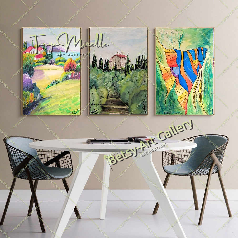 Vibrant Mediterranean Landscape Watercolor Painting, No Frame abstract expressionism art print birthday gift blooming garden art botanical print colorful painting floral art floral painting garden painting gift for mom mediterranean art modern art modern wall art nature painting paper painting small painting wall art home decor watercolor floral watercolor flowers watercolor landscape watercolor painting