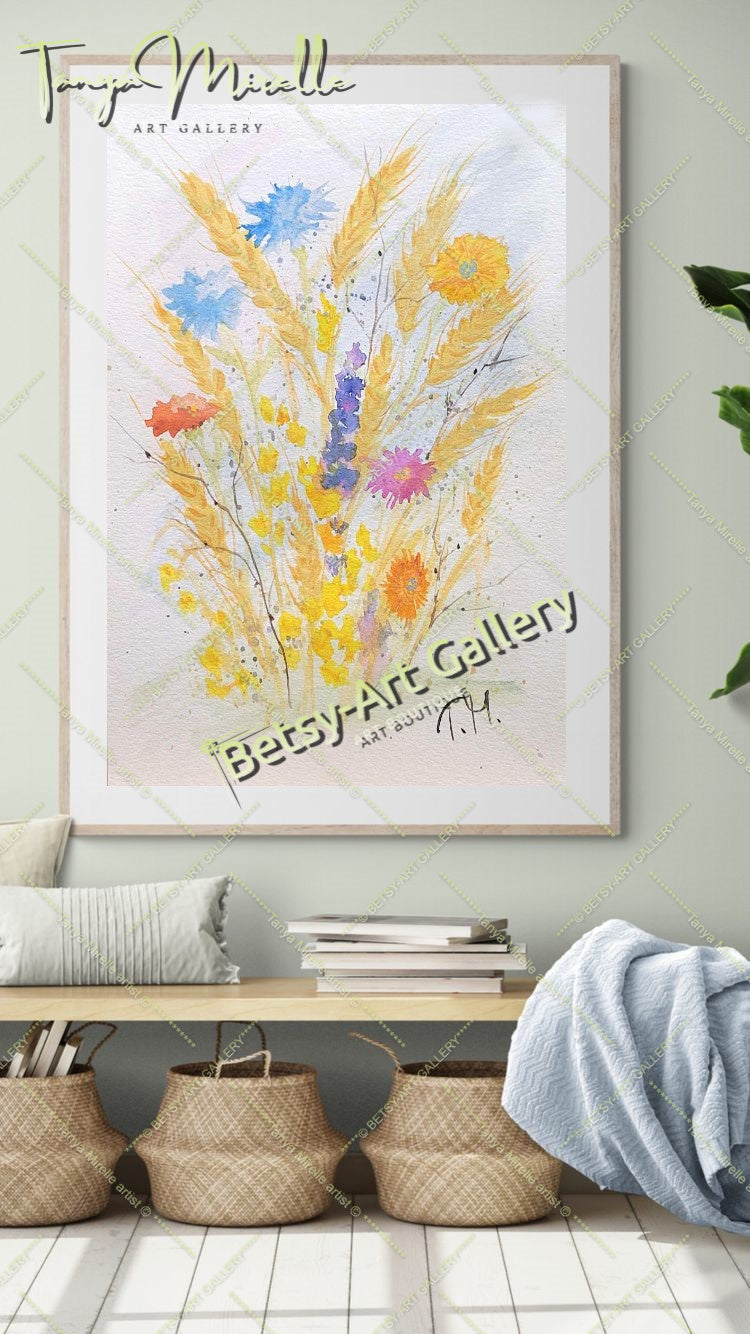 Watercolor Painting Ears of Wheat, Botanical Wall Art No Frame abstract expressionism art print birthday gift blooming garden art botanical print colorful painting floral art floral painting garden painting gift for mom mediterranean art modern art modern wall art nature painting paper painting small painting wall art home decor watercolor floral watercolor flowers watercolor landscape watercolor painting wildflowers painting