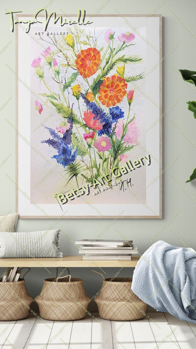 Watercolor Painting Flowers of Mediterranean, Botanical Wall Art No Frame abstract expressionism art print birthday gift blooming garden art botanical print colorful painting floral art floral painting garden painting gift for mom mediterranean art modern art modern wall art nature painting paper painting small painting wall art home decor watercolor floral watercolor flowers watercolor landscape watercolor painting wildflowers painting