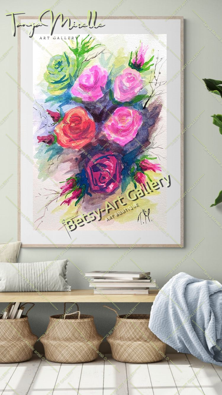 Original Watercolor Painting Garden Roses Wall Art, No Frame abstract expressionism art print birthday gift blooming garden art botanical print colorful painting floral art floral painting garden painting gift for mom mediterranean art modern art modern wall art nature painting olive garder art paper painting small painting wall art home decor watercolor floral watercolor flowers watercolor landscape watercolor painting