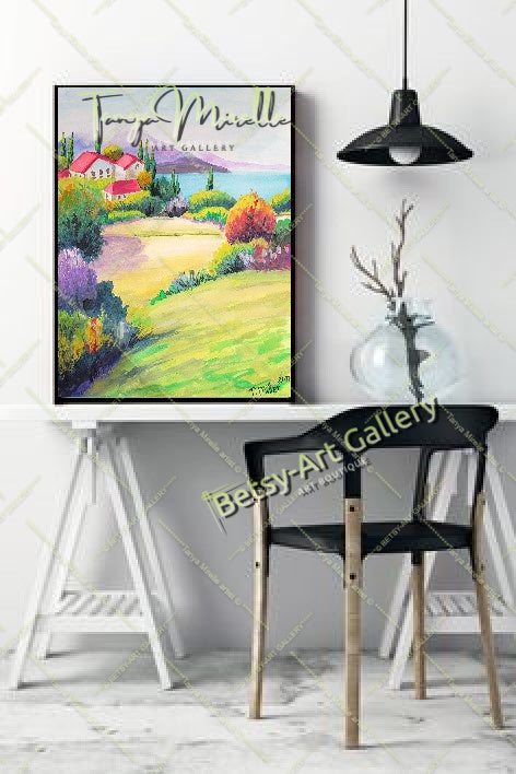 Vibrant Mediterranean Landscape Watercolor Painting, No Frame abstract expressionism art print birthday gift blooming garden art botanical print colorful painting floral art floral painting garden painting gift for mom mediterranean art modern art modern wall art nature painting paper painting small painting wall art home decor watercolor floral watercolor flowers watercolor landscape watercolor painting