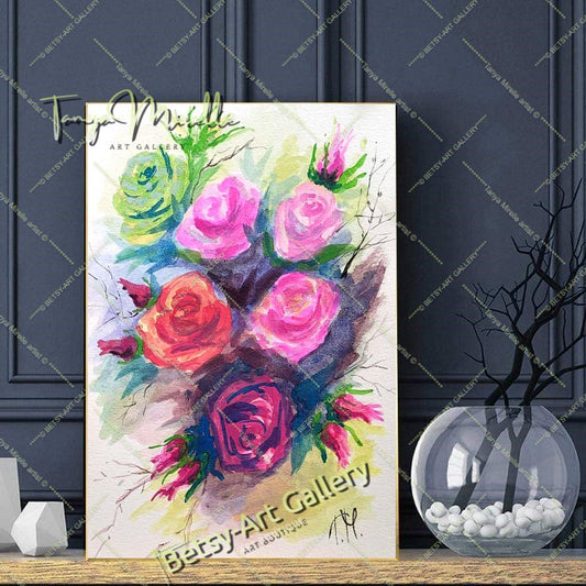 Original Watercolor Painting Garden Roses Wall Art, No Frame abstract expressionism art print birthday gift blooming garden art botanical print colorful painting floral art floral painting garden painting gift for mom mediterranean art modern art modern wall art nature painting olive garder art paper painting small painting wall art home decor watercolor floral watercolor flowers watercolor landscape watercolor painting