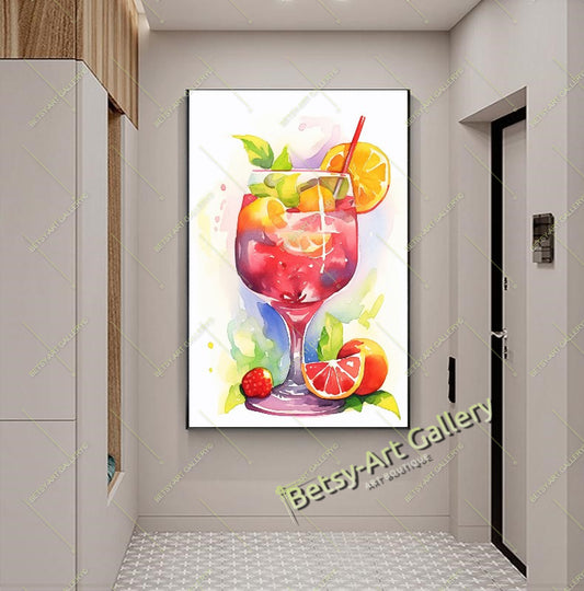 Watercolor Cocktail Glass Canvas Print, Colorful Drink Art