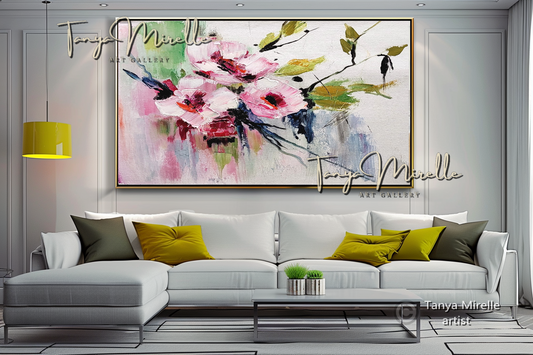 Large Floral Abstract Painting - Romantic Pink Flowers on Canvas, #64