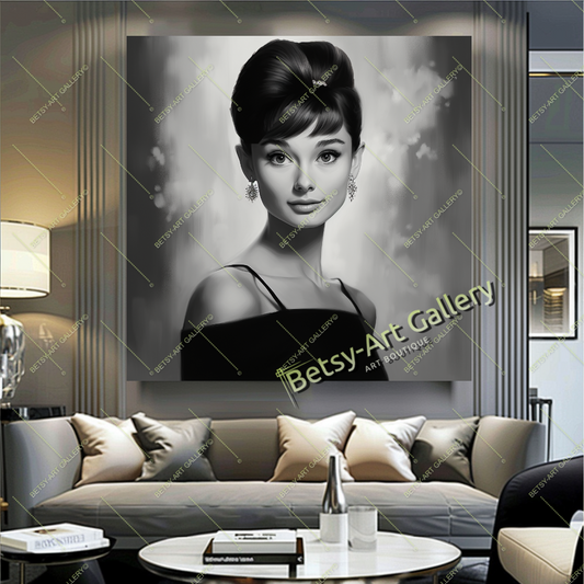 Classic Beauty Audrey Hepburn Portrait, Luxury Wall Art Print on Canvas