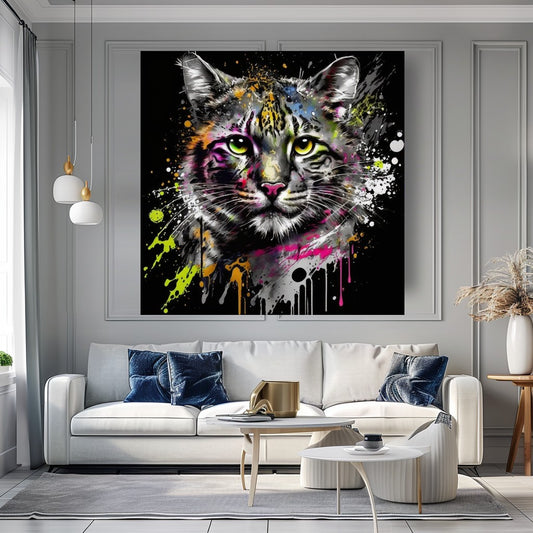 Multicolor Cat Portrait - Colorful Splash Canvas Print animal wall decor art gift artistic cat painting black cat painting canvas print canvas wall art cat lover gift colorful cat contemporary artwork feline art giclée prints graffiti canvas art graffiti print home decor jungle cat large canvas print large wall art modern art print modern cat print modern home decor pet portrait print on canvas ready to hang canvas stretched canvas art wall art prints