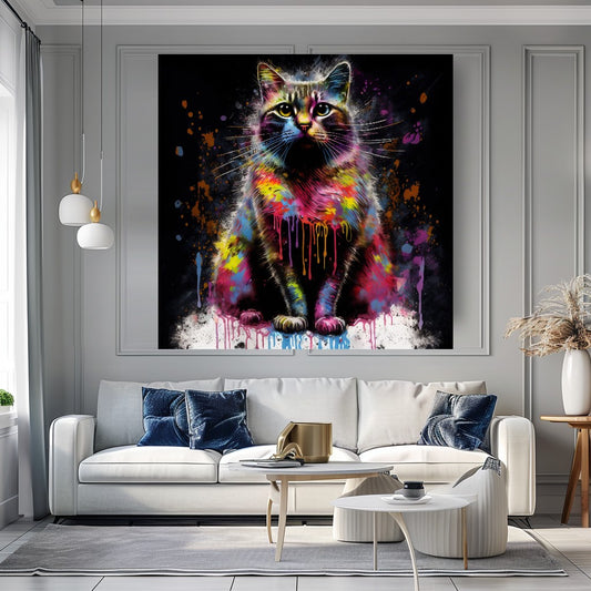 Vivid Black Cat Colorful Splash Canvas Print animal wall decor art gift artistic cat painting black cat painting canvas print canvas wall art cat lover gift colorful cat contemporary artwork feline art giclée prints graffiti canvas art graffiti print home decor jungle cat large canvas print large wall art modern art print modern cat print modern home decor pet portrait print on canvas ready to hang canvas stretched canvas art wall art prints