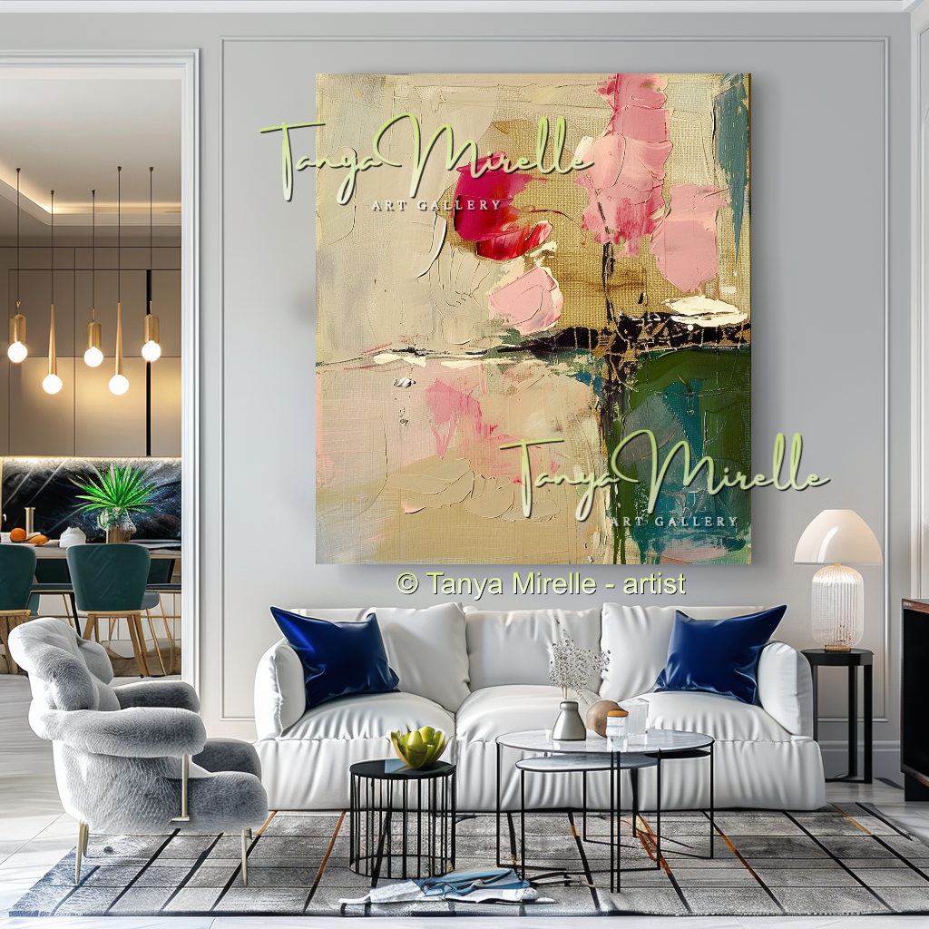 Pink and Beige Floral Abstract Oil Painting #267