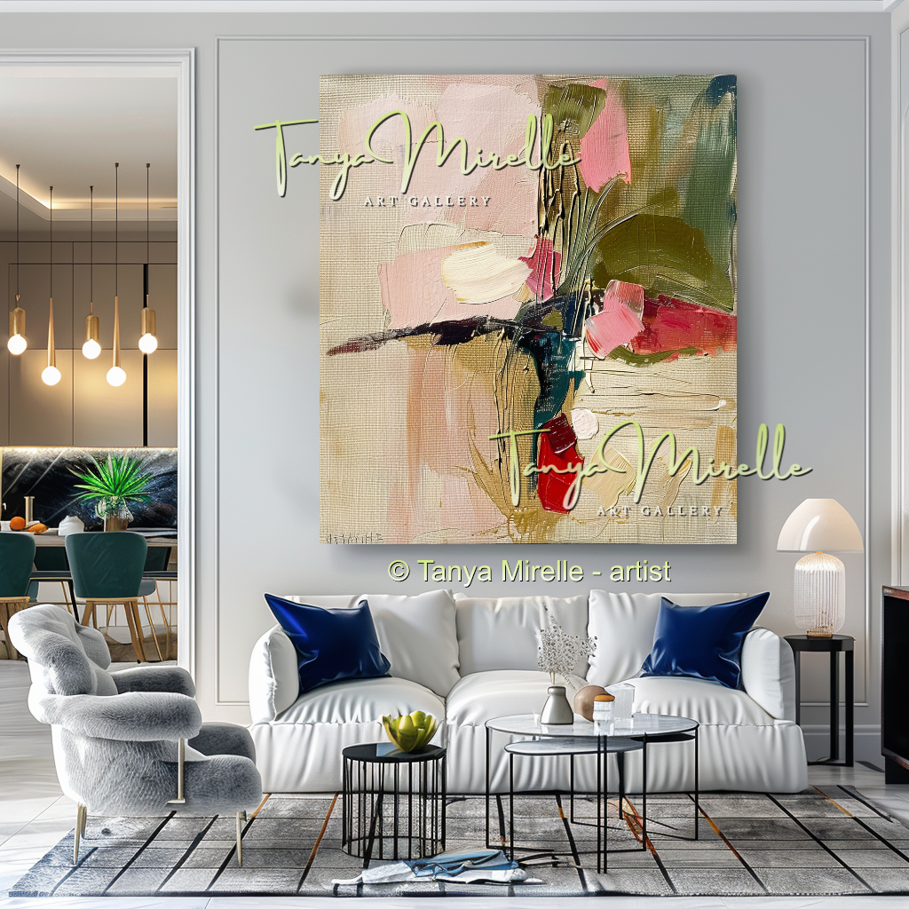 Pink and Beige Floral Abstract Oil Painting #267