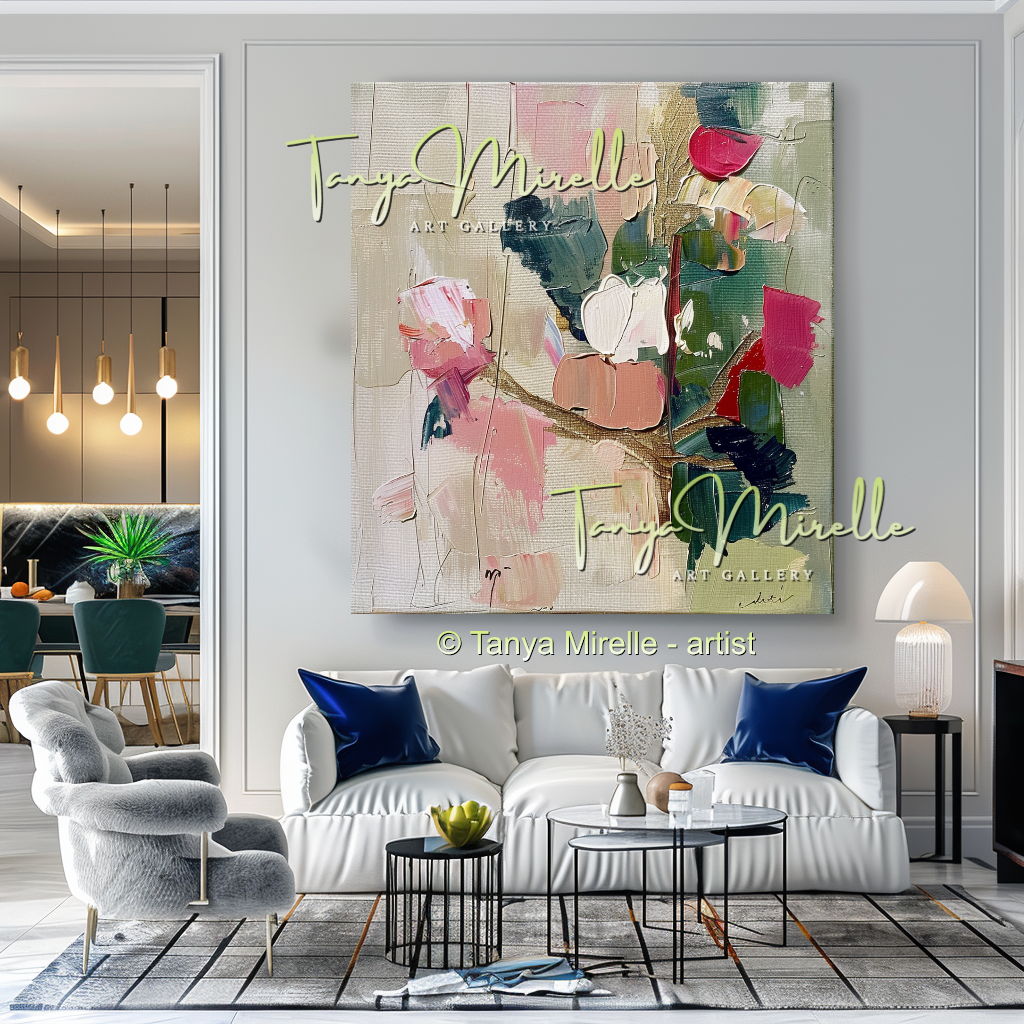 Pink and Beige Floral Abstract Oil Painting #267