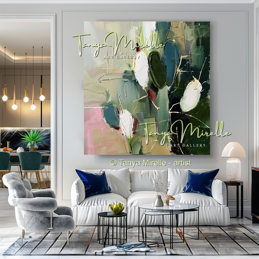 Modern living room with a large abstract painting by Tanya Mirelle on the wall.