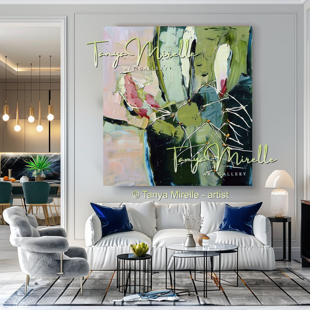 Vivid Green Cactus Abstract Impasto Oil Painting on Canvas #249