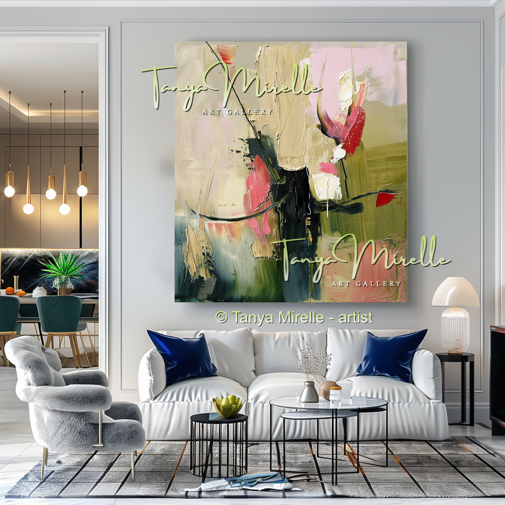 Earth Tone Floral Abstract Oil Painting with Pink Accents #255