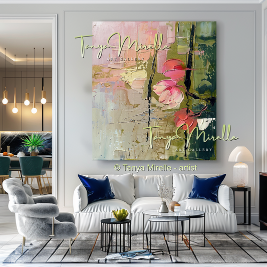 Earth Tone Floral Abstract Oil Painting with Pink Accents #255